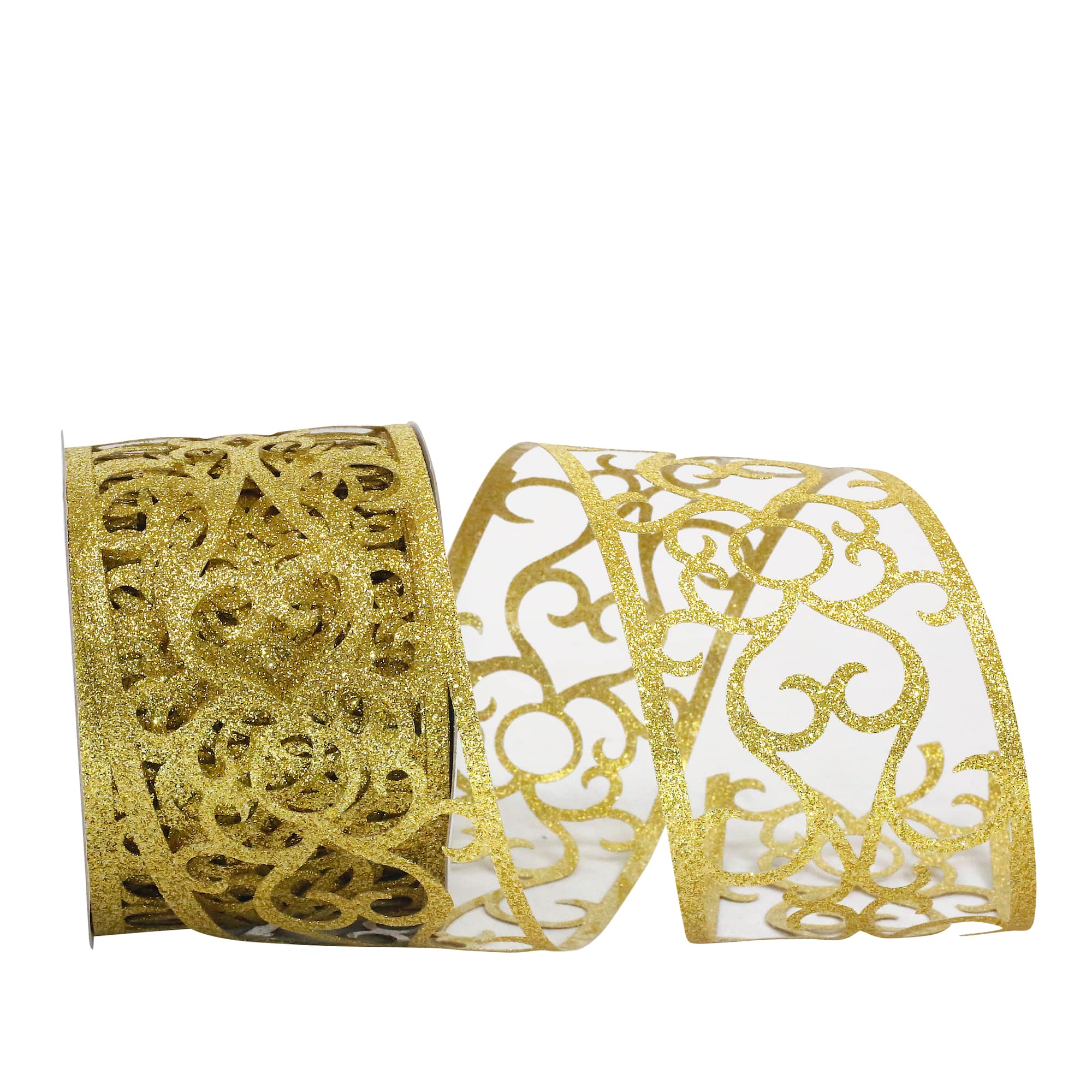 JAM Paper 2.5" x 10yd. Gold Glitter Scroll Wired Sheer Ribbon